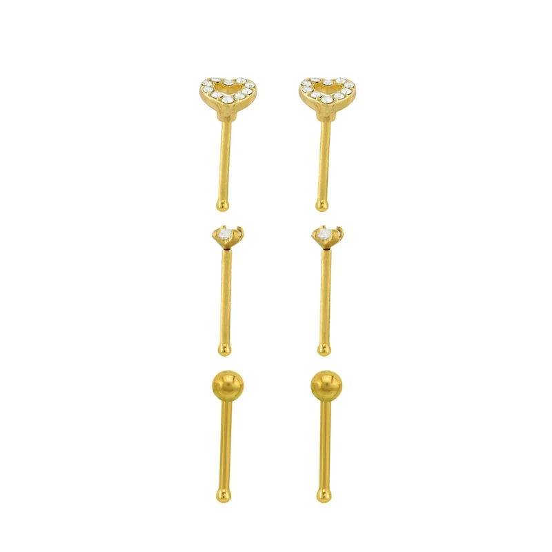 Multi-Pack CZ Goldtone Heart Nose Pins - 20 Gauge