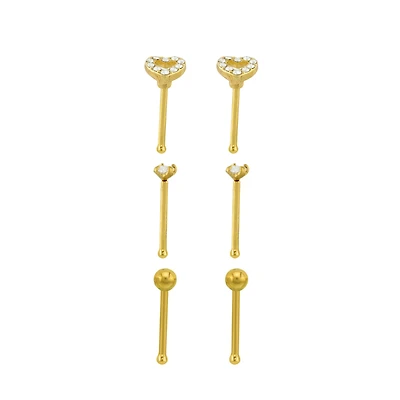Multi-Pack CZ Goldtone Heart Nose Pins - 20 Gauge