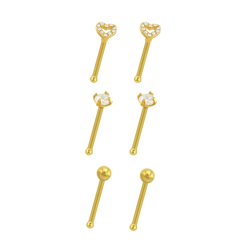Multi-Pack CZ Goldtone Heart Nose Pins - 20 Gauge