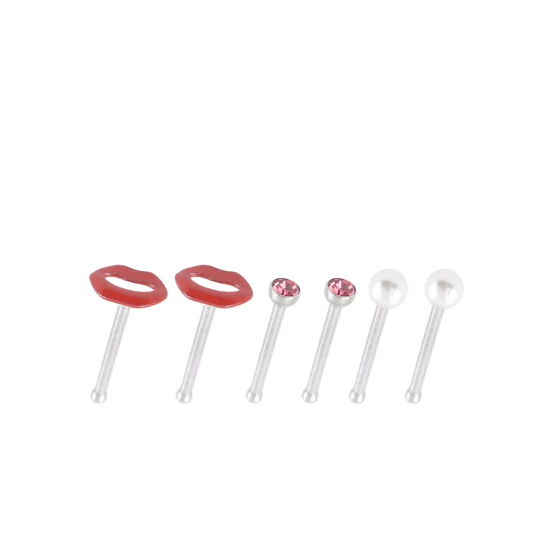Multi-Pack Kiss Mark and Pearl-Effect Basic Nose Pins 6 Pack - 20 Gauge