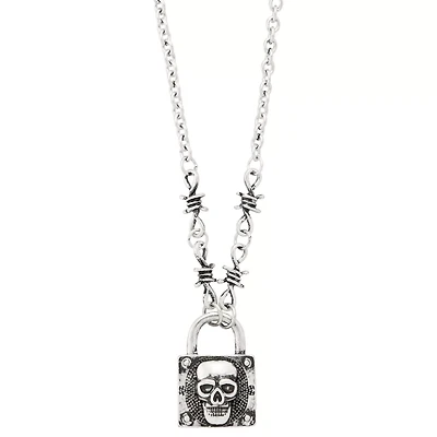 Barbed Wire Skull Lock Pendant Necklace