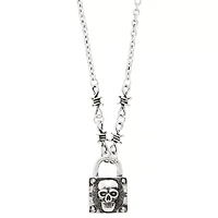 Barbed Wire Skull Lock Pendant Necklace