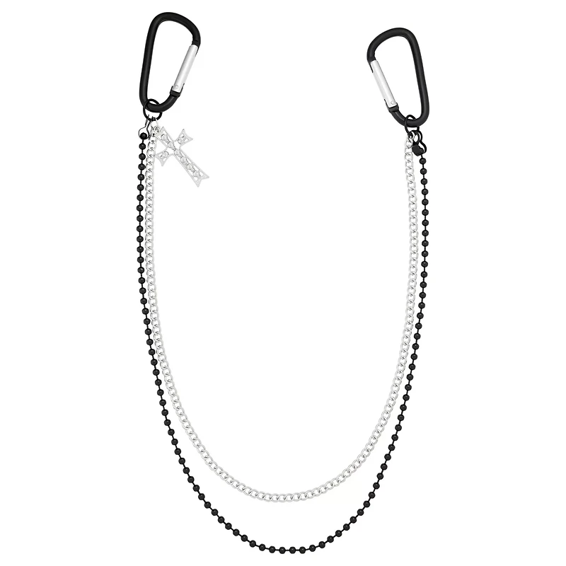 2 Row Black and Silver-Tone Carabiner Cross Wallet Chain