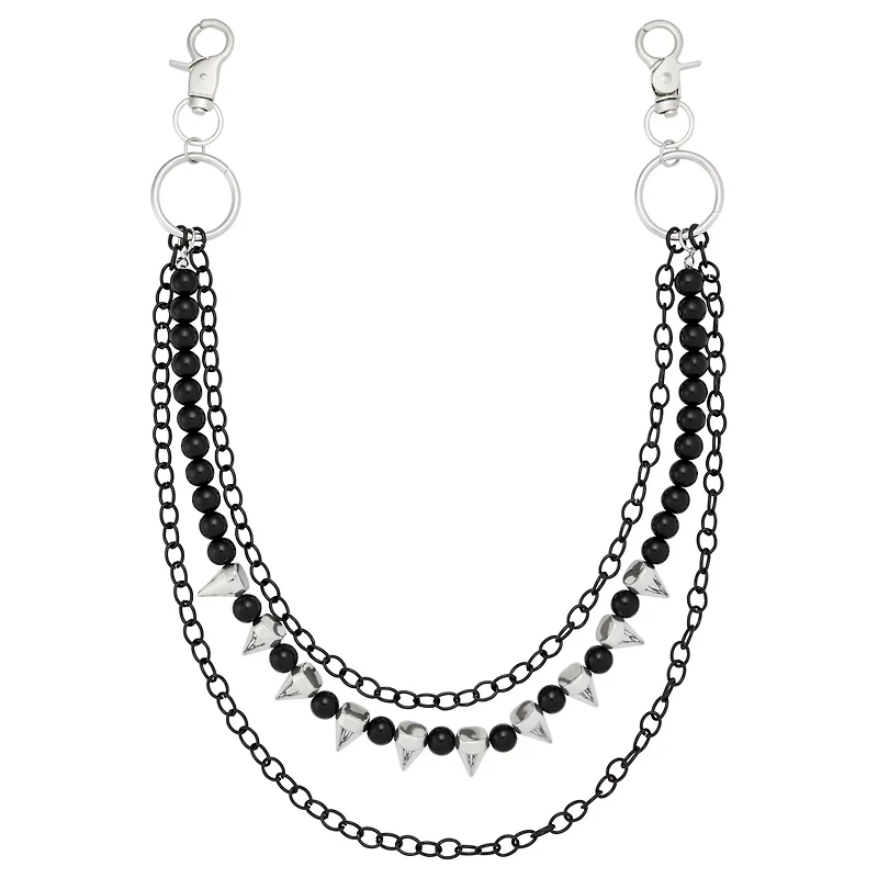 3 Row Black and Silver-Tone Spike Wallet Chain