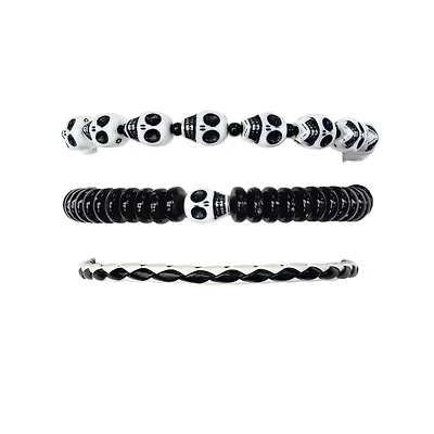 Multi-Pack Black and White Skull Cord and Beaded Bracelets - 3 Pack
