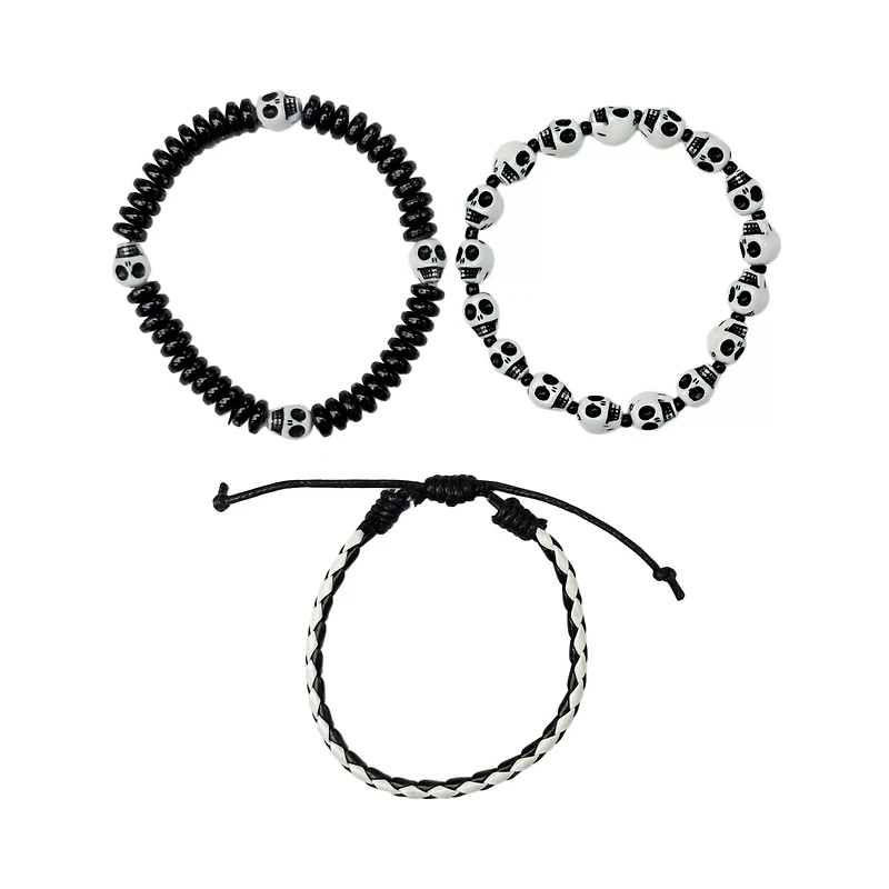 Multi-Pack Black and White Skull Cord and Beaded Bracelets - 3 Pack
