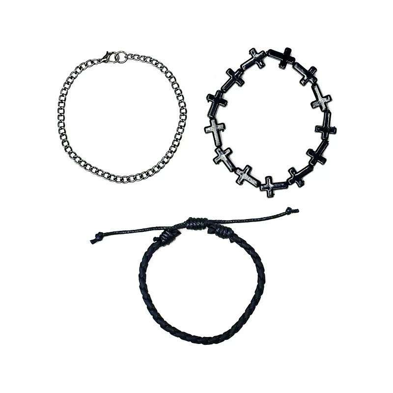 Multi-Pack Black Cross Beaded and Chain Bracelets - 3 Pack