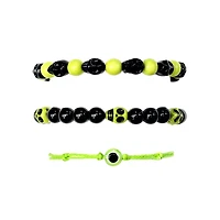 Multi-Pack Black and Neon Green Skull Cord and Beaded Bracelets - 3 Pack