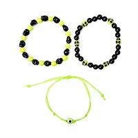 Multi-Pack Black and Neon Green Skull Cord and Beaded Bracelets - 3 Pack