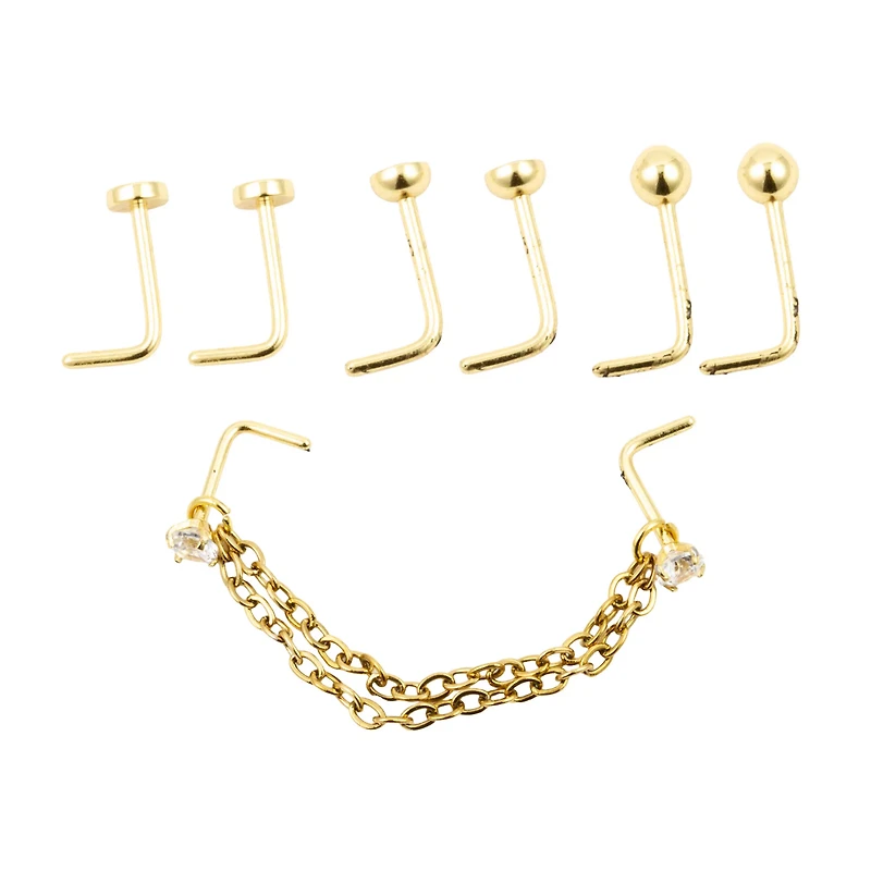 Multi-Pack Goldtone CZ Chain L-Bend Nose Pins 4 Pair - 20 Gauge