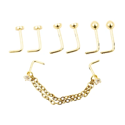 Multi-Pack Goldtone CZ Chain L-Bend Nose Pins 4 Pair - 20 Gauge