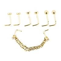 Multi-Pack Goldtone CZ Chain L-Bend Nose Pins 4 Pair - 20 Gauge