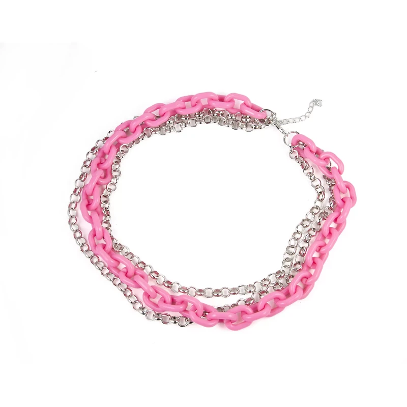 Pink 3 Row Chunky Chain Necklace