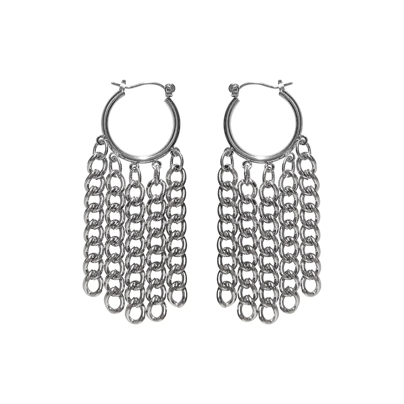 Drop Chains Silver-Tone Dangle Hoop Earrings - 18 Gauge