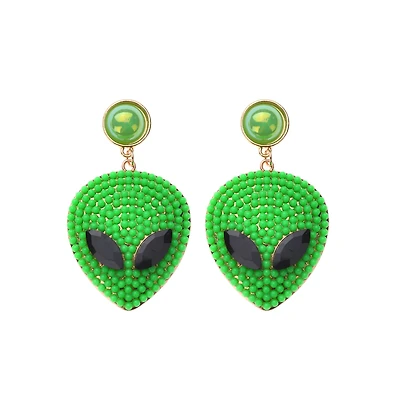 Green Bedazzled Alien Dangle Earrings