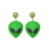 Green Bedazzled Alien Dangle Earrings