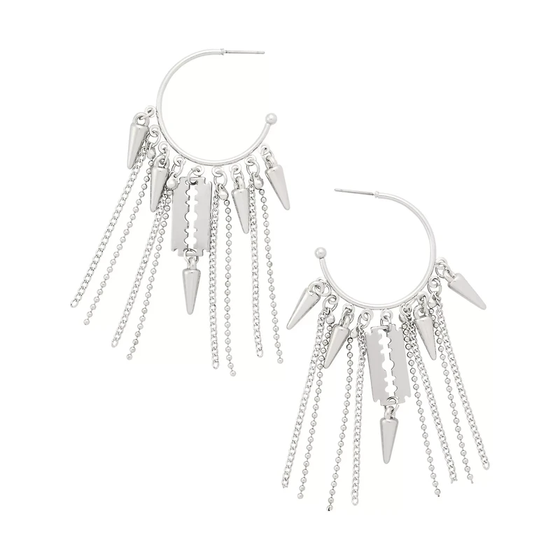 Razor Blade Spike Chain Silver-Tone Hoop Earrings