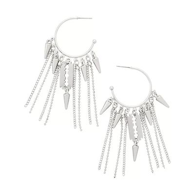 Razor Blade Spike Chain Silver-Tone Hoop Earrings