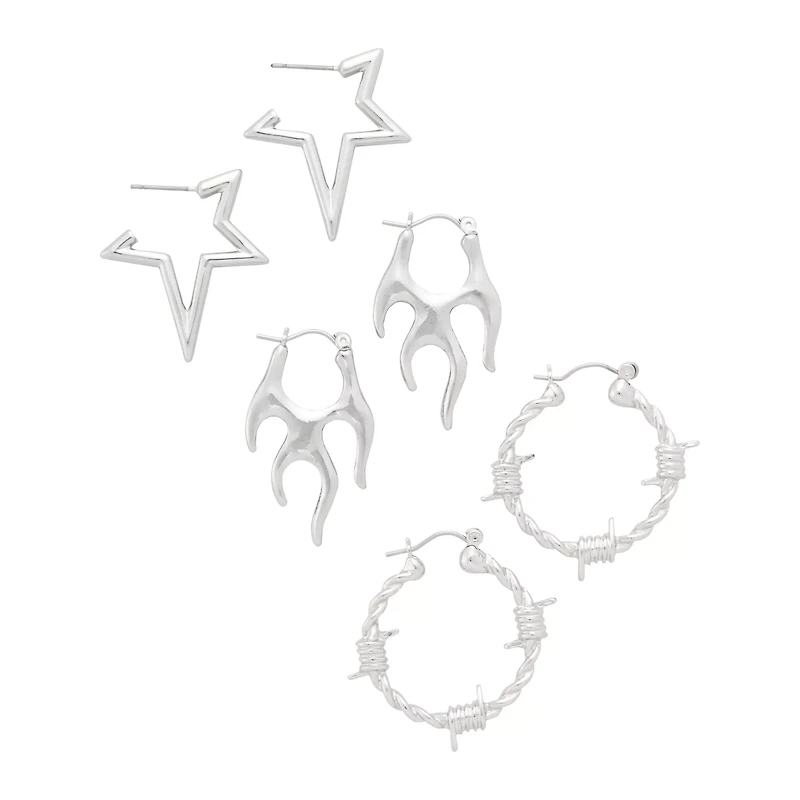 Multi-Pack Star Flames Barbed Silver-Tone Hoop Earrings - 3 Pair