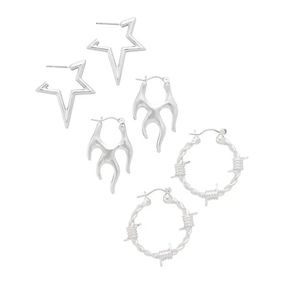 Multi-Pack Star Flames Barbed Silver-Tone Hoop Earrings - 3 Pair