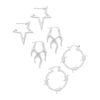 Multi-Pack Star Flames Barbed Silver-Tone Hoop Earrings - 3 Pair