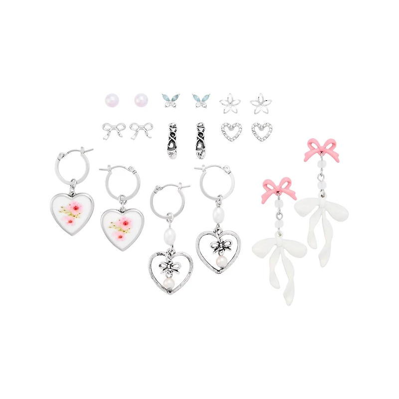Multi-Pack Pressed Flower Bow Stud and Dangle Earrings - 9 Pair