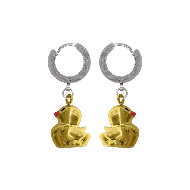Yellow Duck Dangle Huggie Hoop Earrings - 18 Gauge