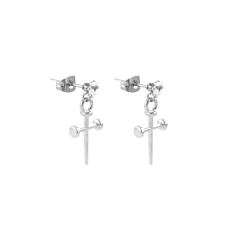 CZ Cross Dangle Stud Earrings - 20 Gauge