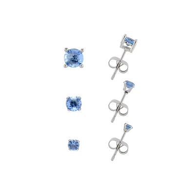 Multi-Pack 14K White Gold Plated Blue CZ Stud Earrings 3 Pair - 20 Gauge