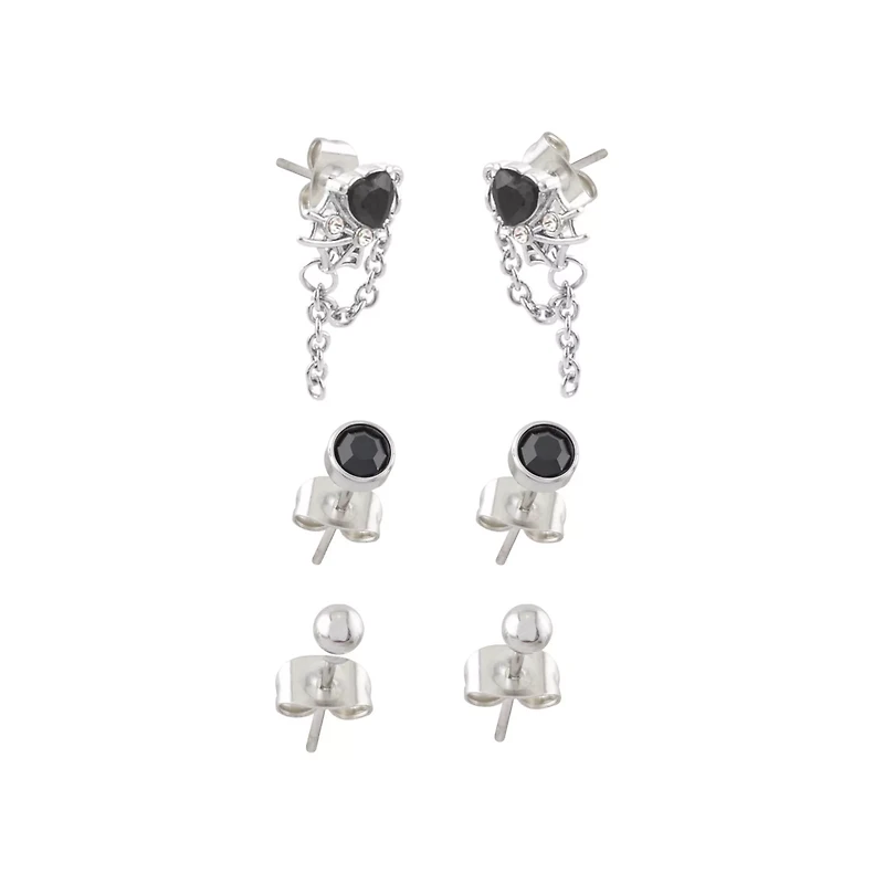 Multi-Pack Black CZ Heart Web Stud Earrings 3 Pair - 20 Gauge