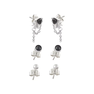 Multi-Pack Black CZ Heart Web Stud Earrings 3 Pair - 20 Gauge