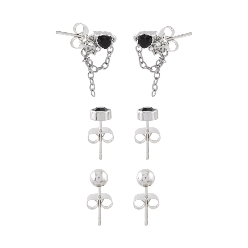 Multi-Pack Black CZ Heart Web Stud Earrings 3 Pair - 20 Gauge