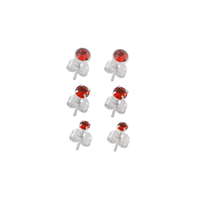 Multi-Pack Red CZ Stud Earrings 3 Pair - 20 Gauge