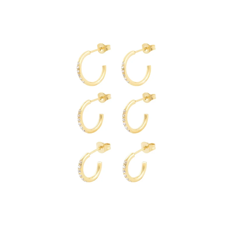 Multi-Pack Stacked CZ Goldtone Half Hoop Earrings - 3 Pair