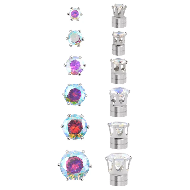 Multi-Pack CZ Aurora Borealis-Effect Magnetic Fake Stud Earrings - 6 Pair
