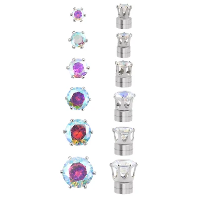Multi-Pack CZ Aurora Borealis-Effect Magnetic Fake Stud Earrings - 6 Pair