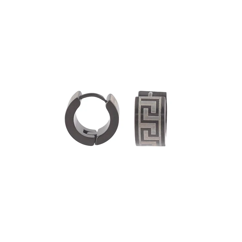 Black and Silvertone Greek Meander Pattern Huggie Hoops - 18 Gauge