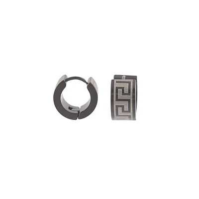 Black and Silvertone Greek Meander Pattern Huggie Hoops - 18 Gauge