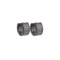 Black and Silvertone Greek Meander Pattern Huggie Hoops - 18 Gauge