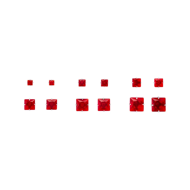 Multi-Pack Red CZ Square Silver-Plated Stud Earrings 6 Pair - 20 Gauge