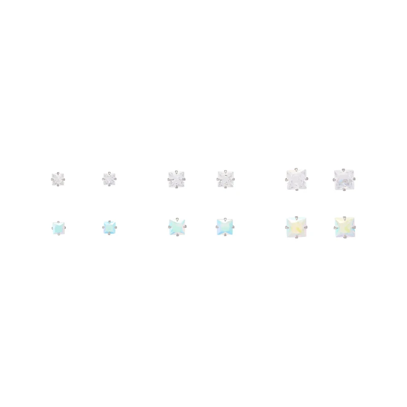 Multi-Pack CZ Aurora Borealis-Effect Square Stud Earrings 6 Pairs - 20 Gauge
