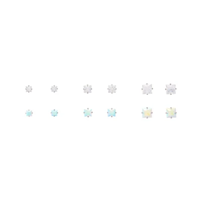 Multi-Pack CZ Aurora Borealis-Effect Square Stud Earrings 6 Pairs - 20 Gauge