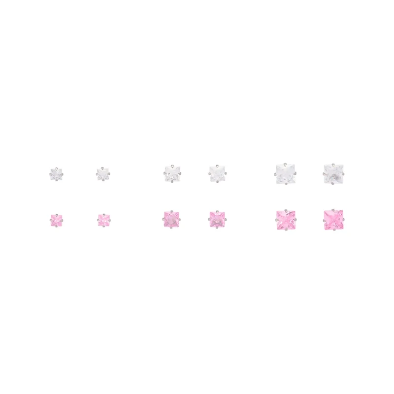 Multi-Pack Pink CZ Square Stud Earrings 6 Pairs - 20 Gauge