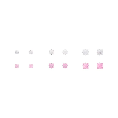 Multi-Pack Pink CZ Square Stud Earrings 6 Pairs - 20 Gauge
