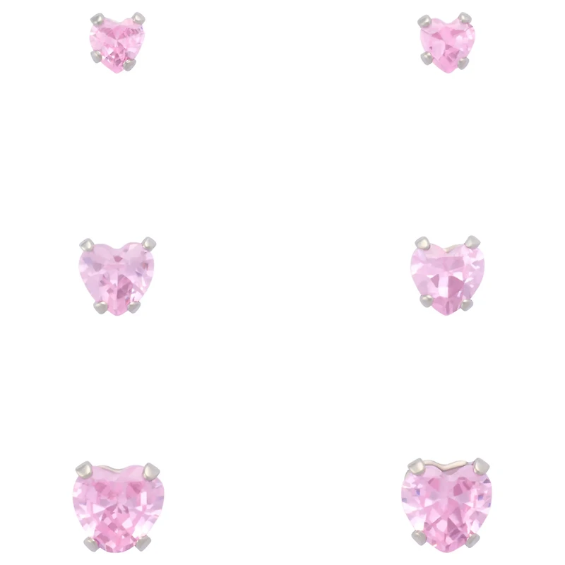 Multi-Pack Pink CZ Heart Silver-Plated Stud Earrings 3 Pair - 20 Gauge