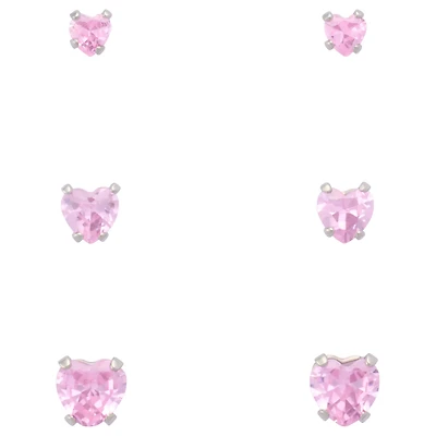 Multi-Pack Pink CZ Heart Silver-Plated Stud Earrings 3 Pair - 20 Gauge