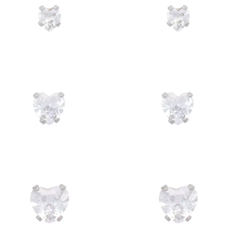 Multi-Pack Clear CZ Heart Silver-Plated Stud Earrings 3 Pair - 20 Gauge