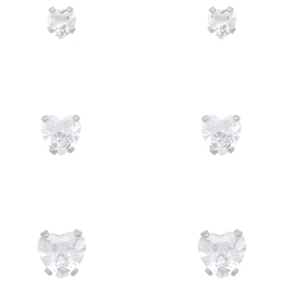 Multi-Pack Clear CZ Heart Silver-Plated Stud Earrings 3 Pair - 20 Gauge