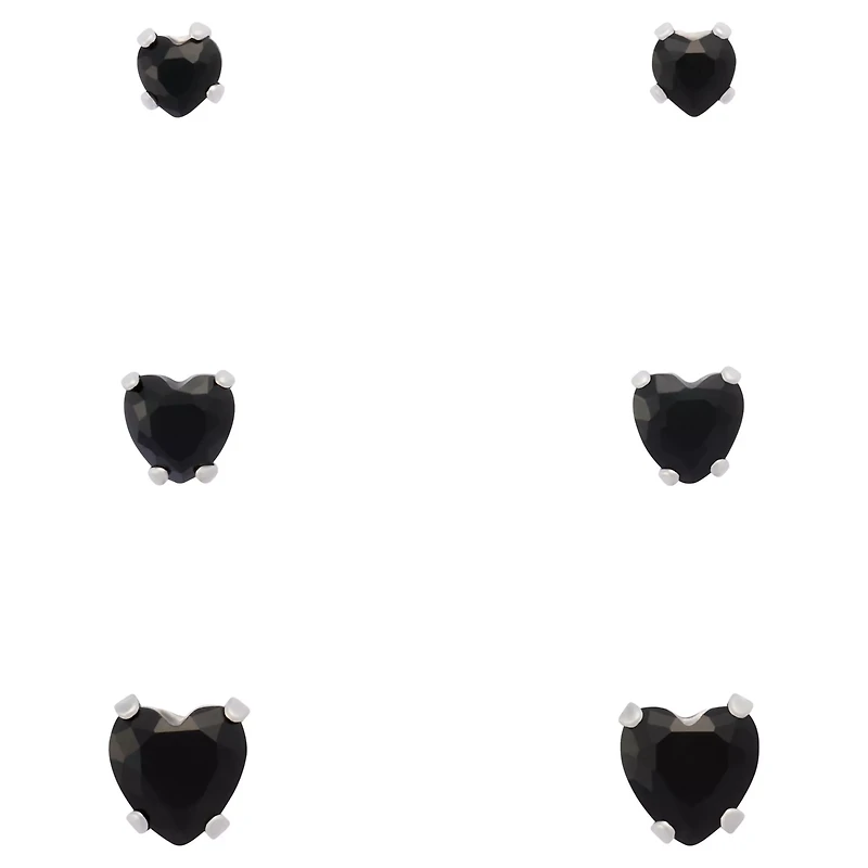 Multi-Pack Black CZ Heart Stud Earrings 3 Pairs - 20 Gauge