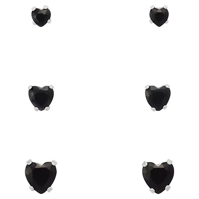 Multi-Pack Black CZ Heart Stud Earrings 3 Pairs - 20 Gauge